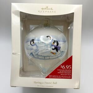 Hallmark "Having A Snow Ball" Penguins Ceramic Ornament  2008